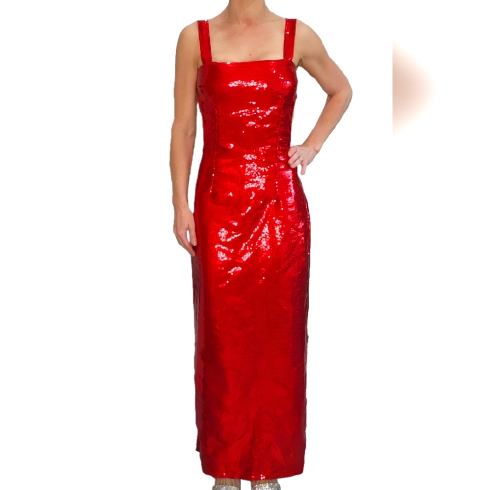 Red Sequins Cut Out Ball Gown Dress Backless Size Small